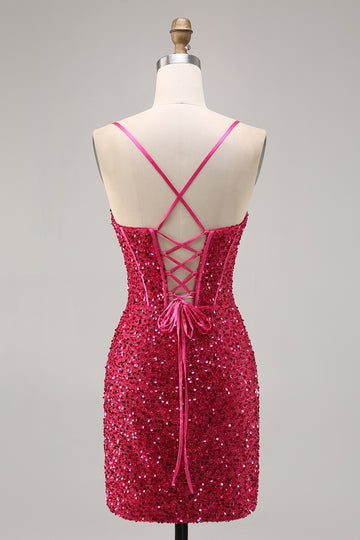 Sparkly Fuchsia Tight Corset Homecoming Dress